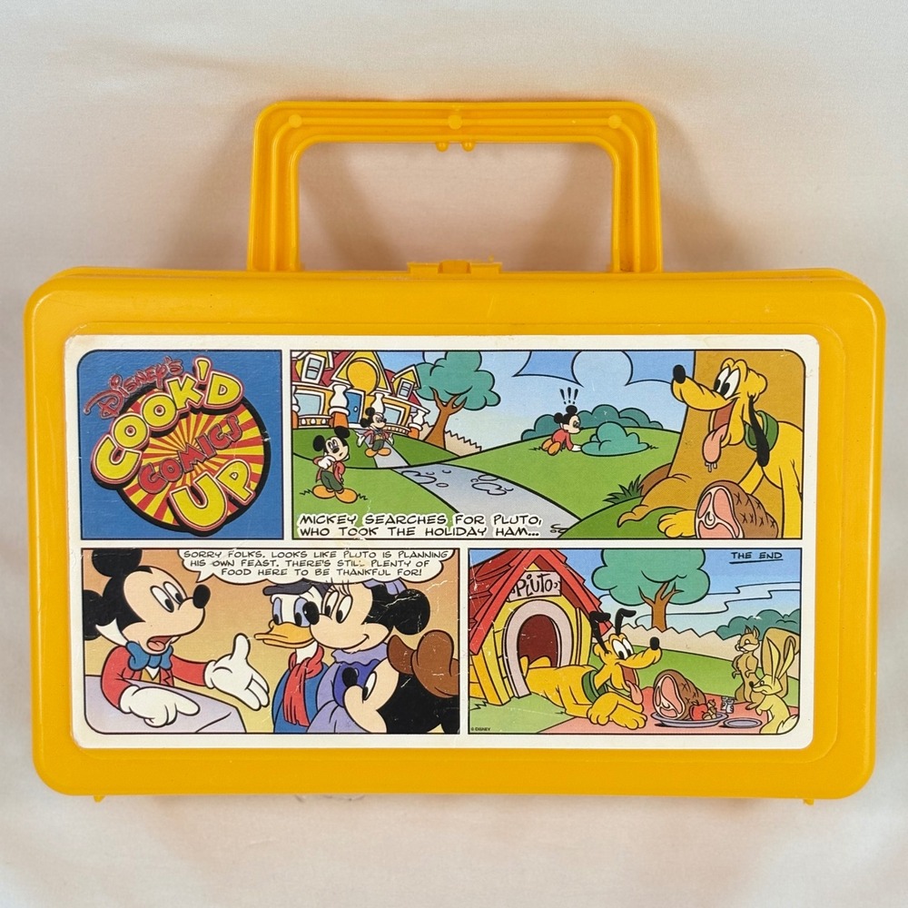 Disney Lunch Box Kids OS Mickey Mouse Pluto Comic Yellow Plastic Whirley Vintage